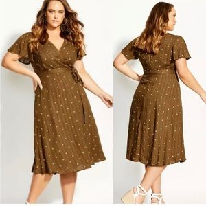City Chic Sweet Doll Spice Brown Faux Wrap Polka Dot Flutter Sleeve Dress M/ 18